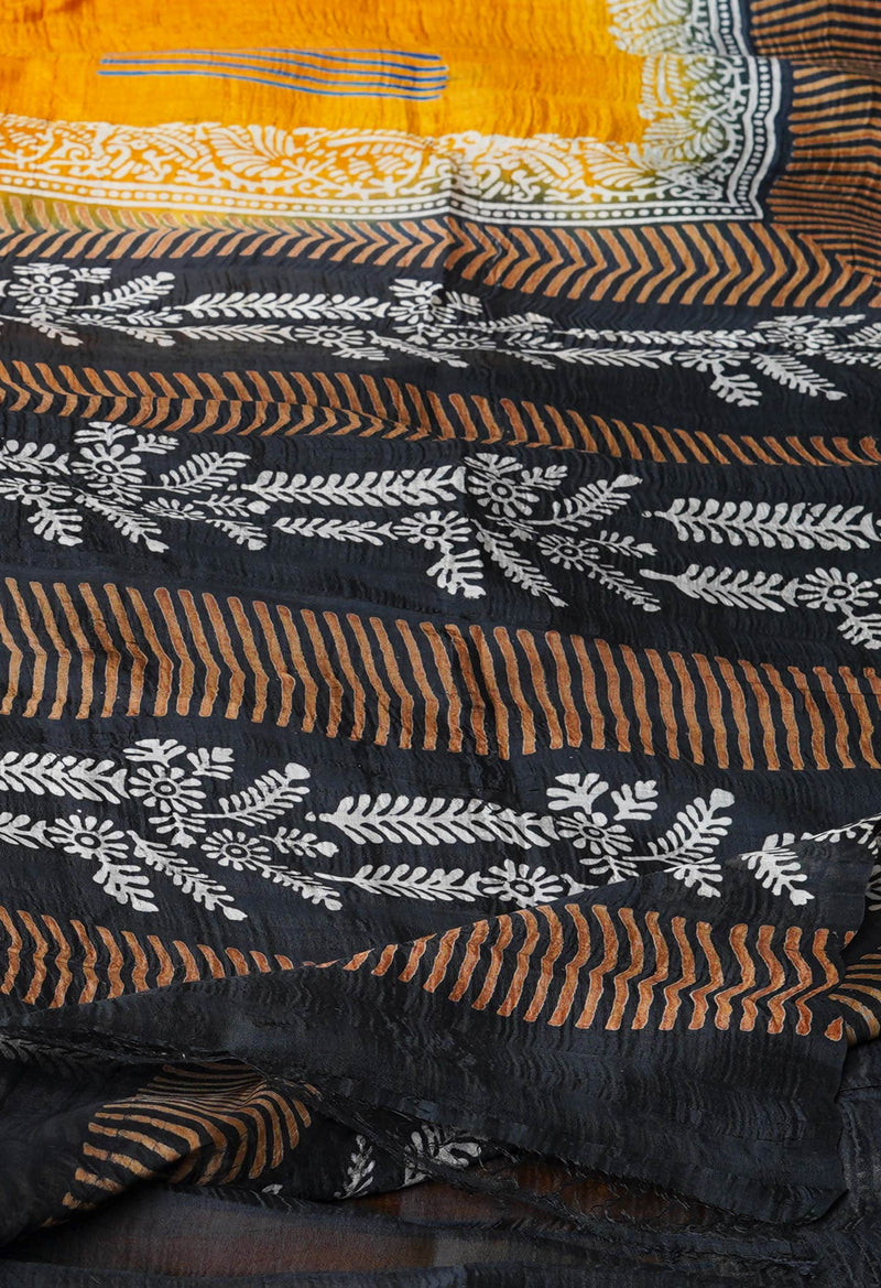 Mustard Yellow-Black Pure Handloom Block Printed Mysore Silk Saree-UNM72811