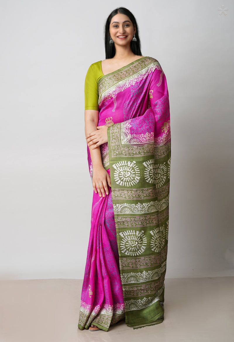 Pink-Green Pure Handloom Block Printed Mysore Silk Saree-UNM72812