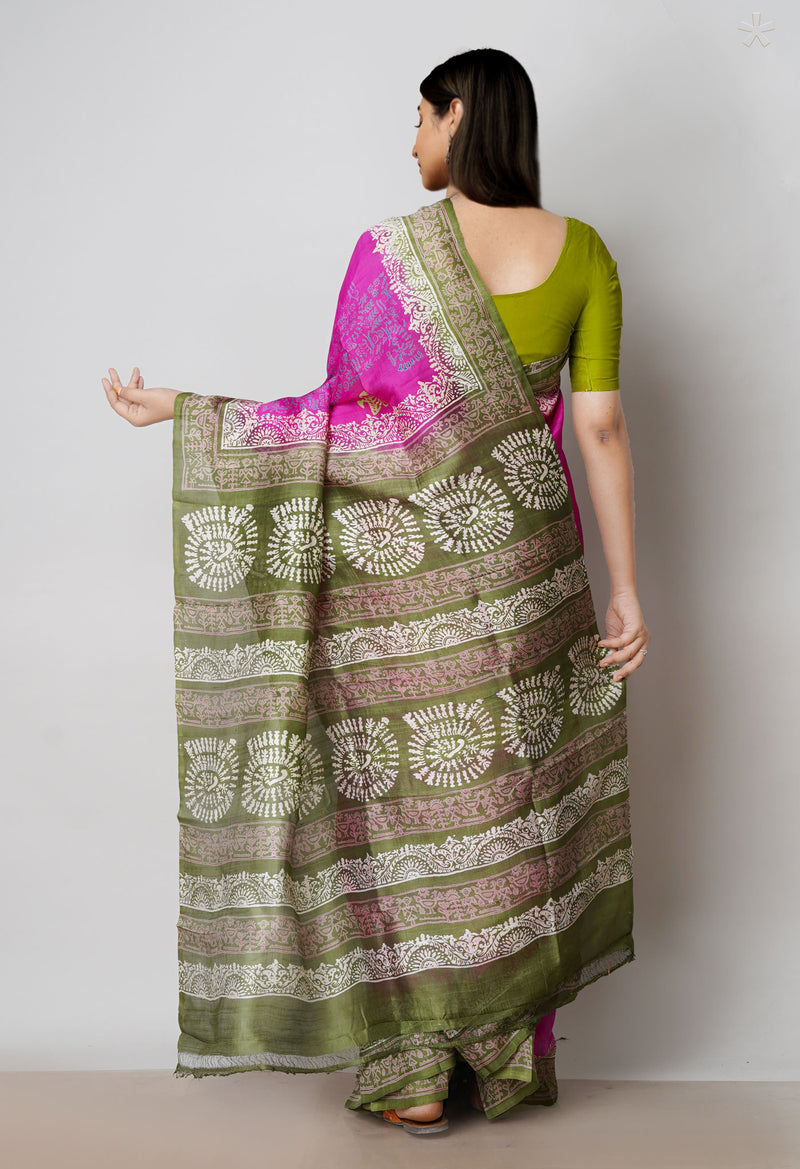 Pink-Green Pure Handloom Block Printed Mysore Silk Saree-UNM72812