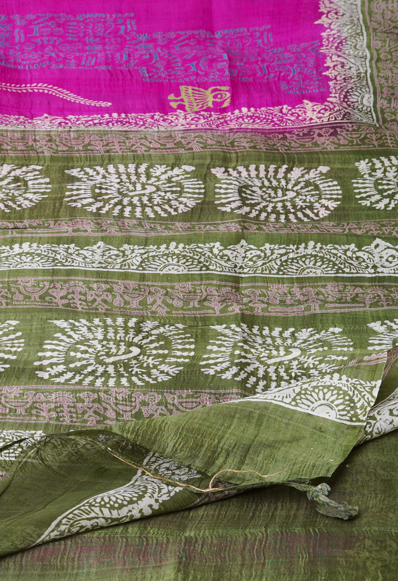 Pink-Green Pure Handloom Block Printed Mysore Silk Saree-UNM72812