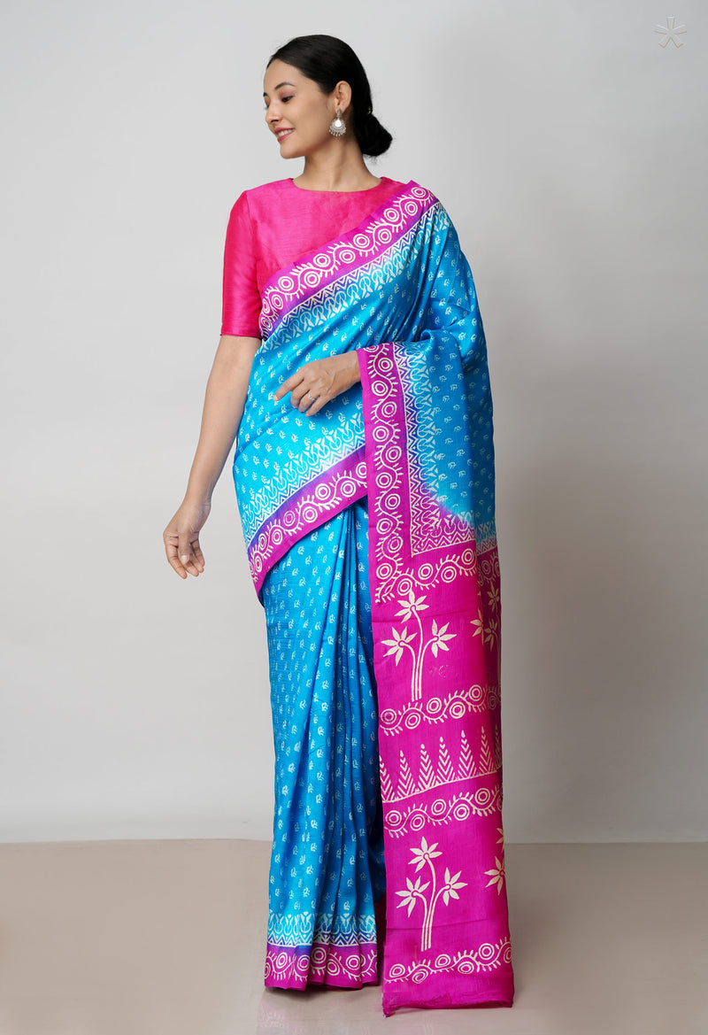 Blue-Pink Pure Handloom Block Printed Mysore Silk Saree-UNM72814
