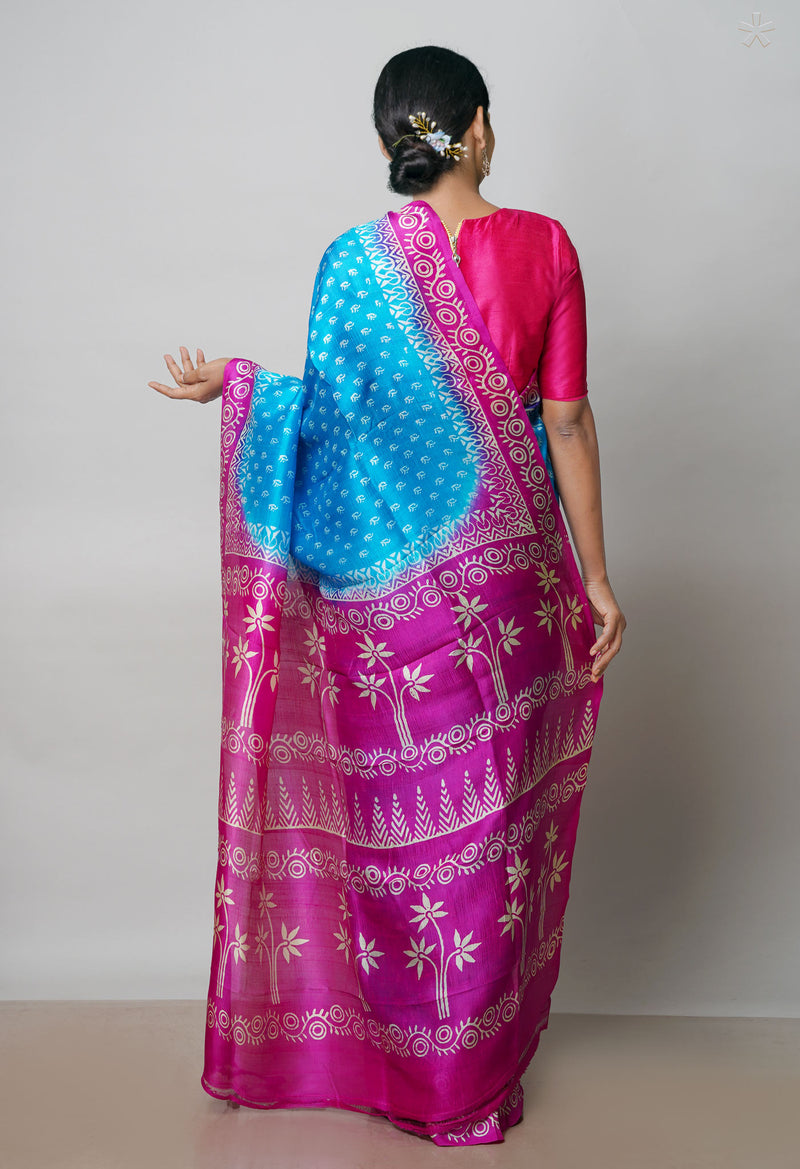 Blue-Pink Pure Handloom Block Printed Mysore Silk Saree-UNM72814
