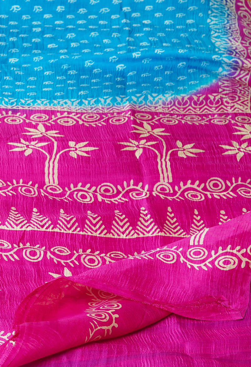 Blue-Pink Pure Handloom Block Printed Mysore Silk Saree-UNM72814