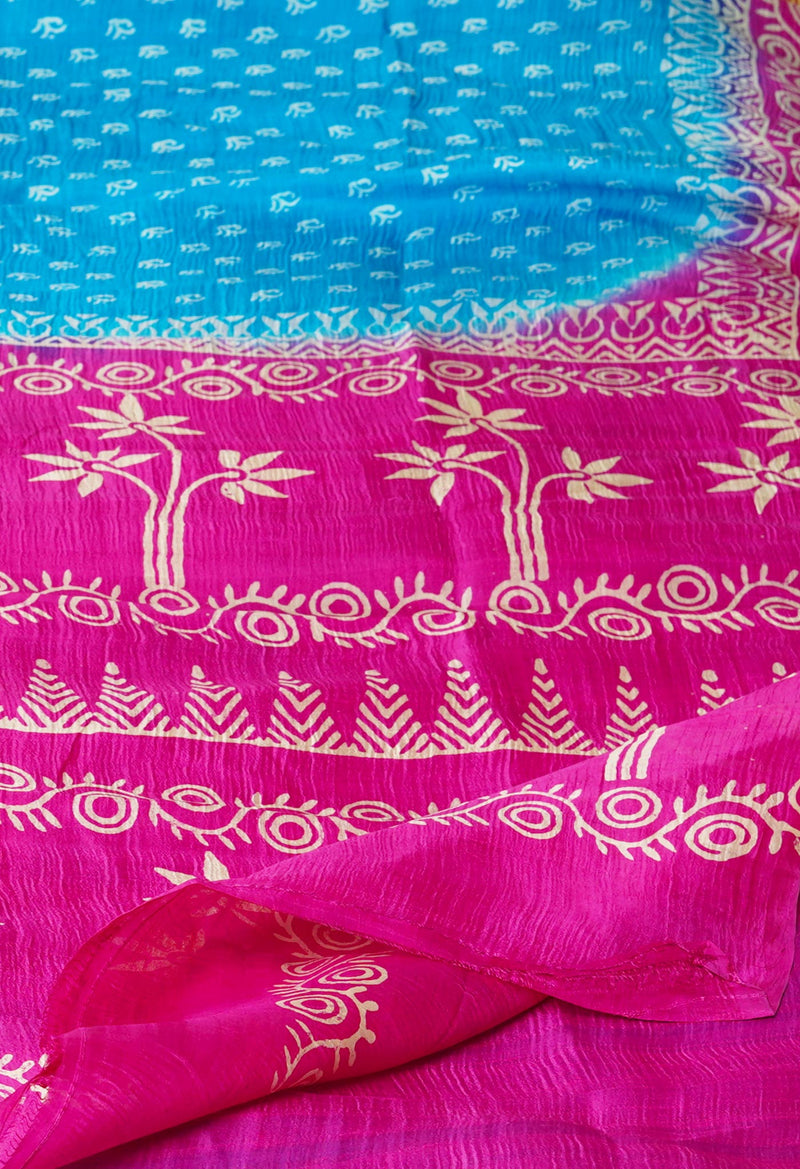 Blue-Pink Pure Handloom Block Printed Mysore Silk Saree-UNM72814