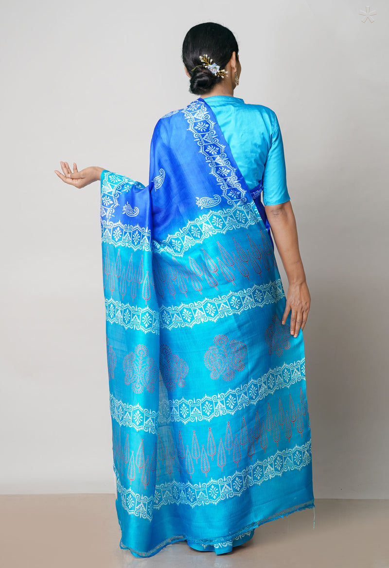 Dark Blue-Blue Pure Handloom Block Printed Mysore Silk Saree-UNM72815