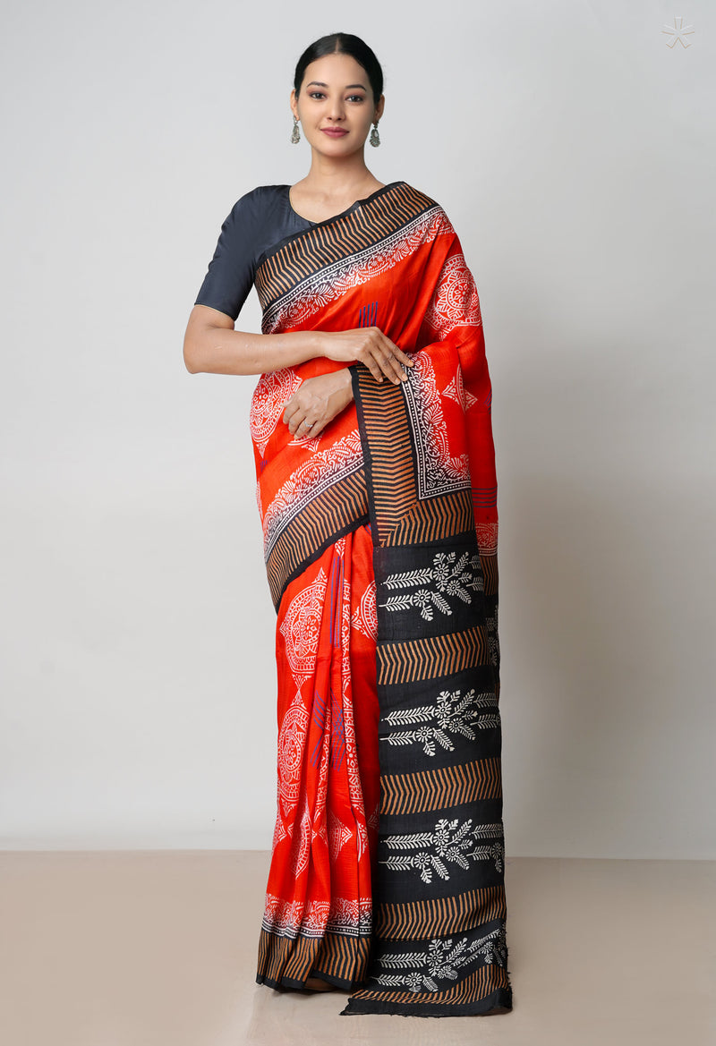Red-Black Pure Handloom Block Printed Mysore Silk Saree-UNM72816