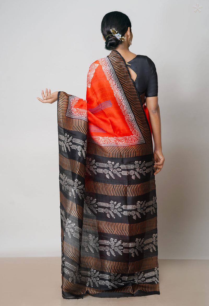 Red-Black Pure Handloom Block Printed Mysore Silk Saree-UNM72816