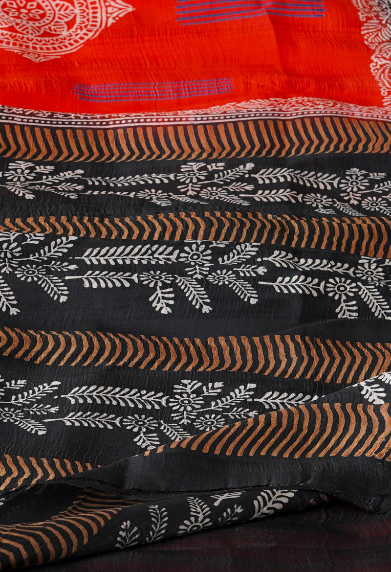 Red-Black Pure Handloom Block Printed Mysore Silk Saree-UNM72816
