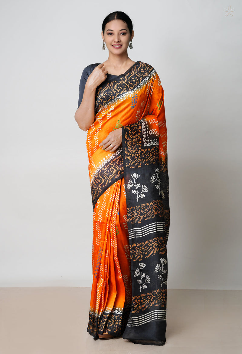 Orange-Black Pure Handloom Block Printed Mysore Silk Saree Without Blouse-UNM72818