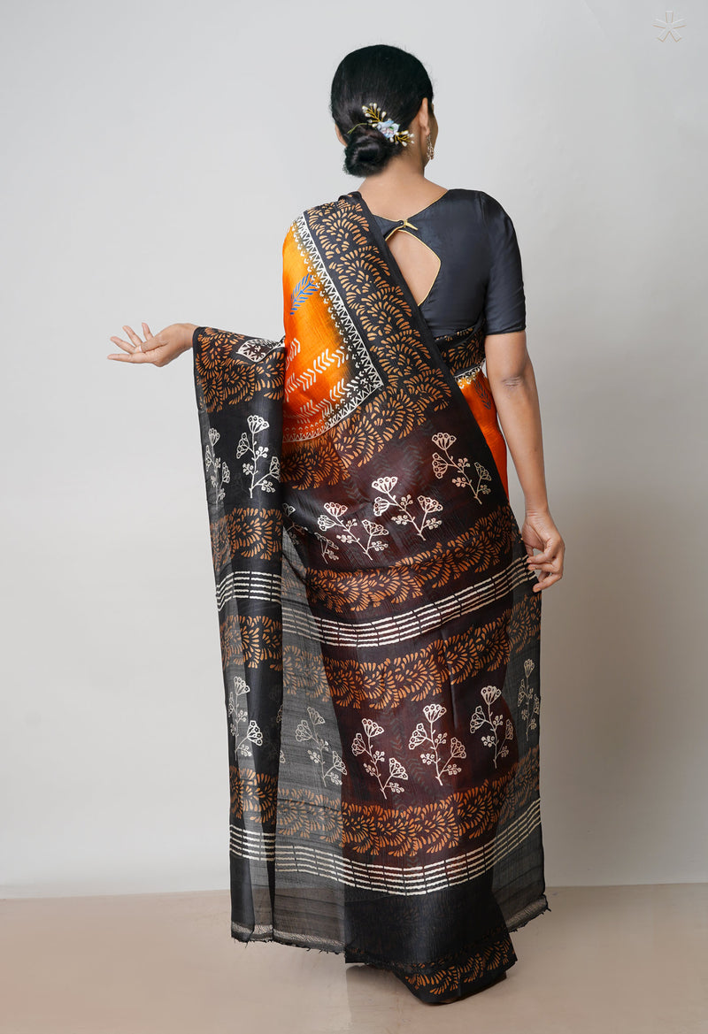 Orange-Black Pure Handloom Block Printed Mysore Silk Saree Without Blouse-UNM72818