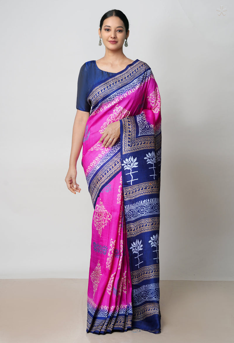 Pink-Navy Blue  Pure Handloom Block Printed Mysore Silk Saree-UNM72819