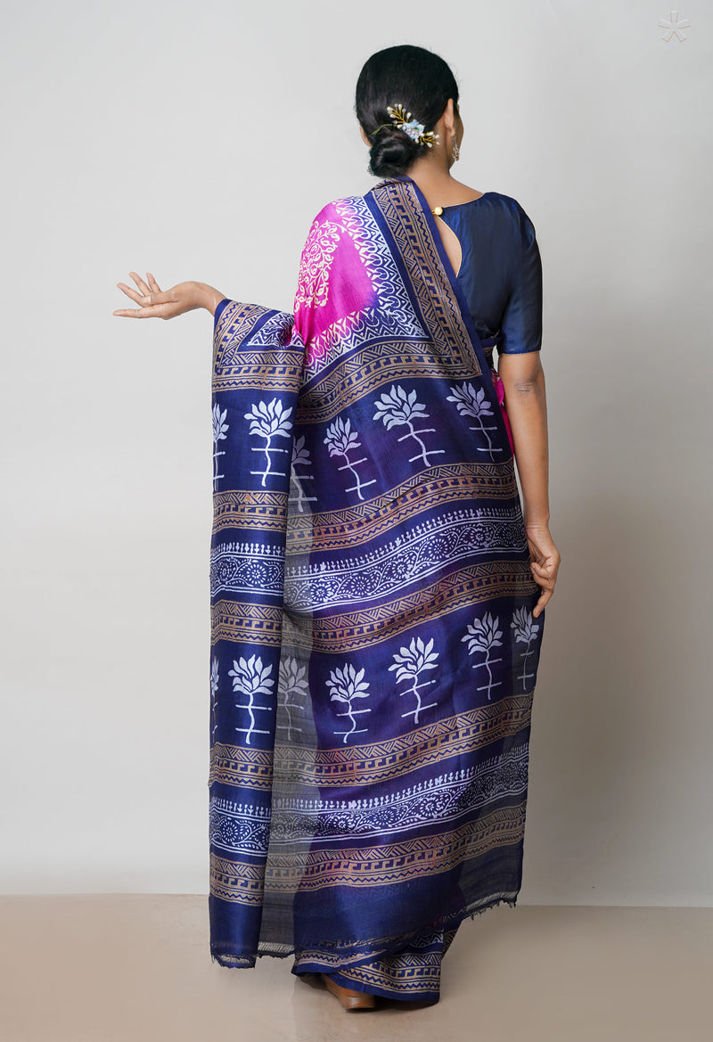 Pink-Navy Blue  Pure Handloom Block Printed Mysore Silk Saree-UNM72819