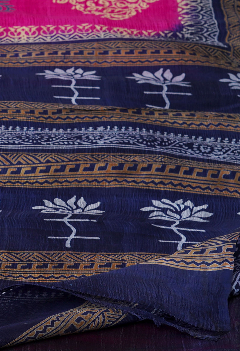Pink-Navy Blue  Pure Handloom Block Printed Mysore Silk Saree-UNM72819