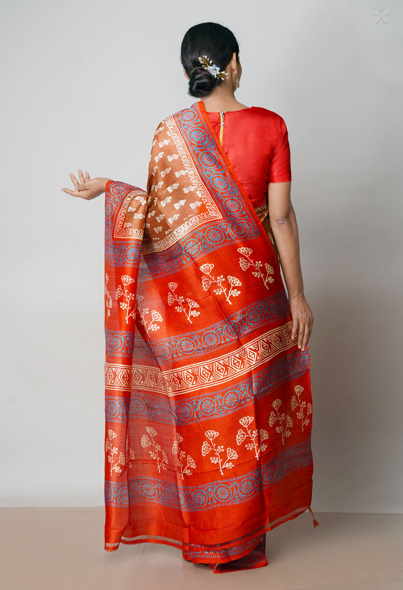 Brown-Red Pure Handloom Block Printed Mysore Silk Saree-UNM72820