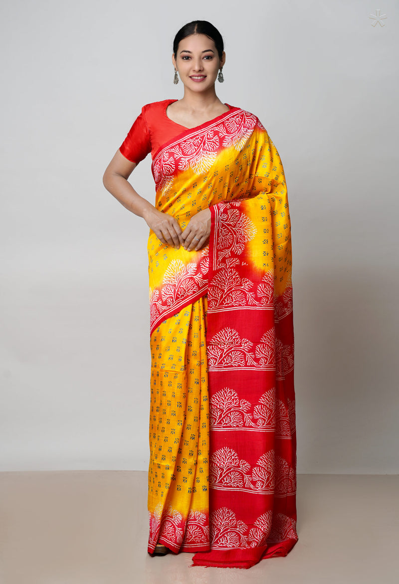Yellow-Red Pure Handloom Block Printed Mysore Silk Saree-UNM72822