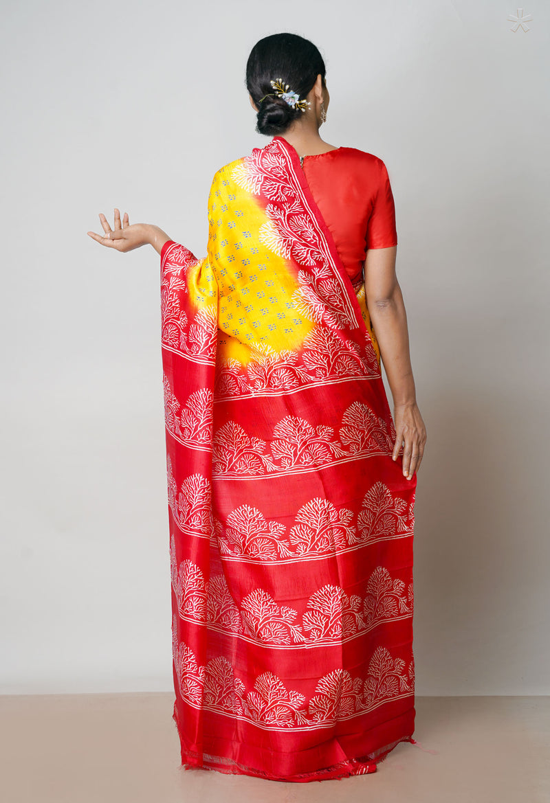 Yellow-Red Pure Handloom Block Printed Mysore Silk Saree-UNM72822