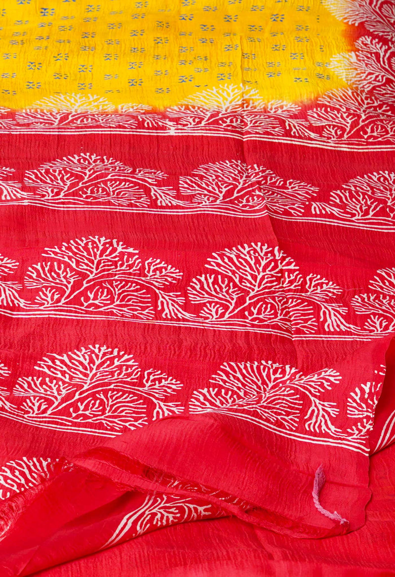 Yellow-Red Pure Handloom Block Printed Mysore Silk Saree-UNM72822