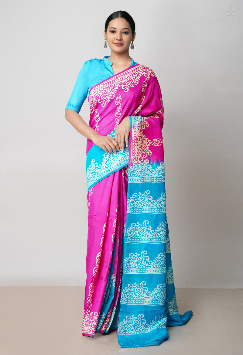 Pink-Blue Pure Handloom Block Printed Mysore Silk Saree-UNM72823