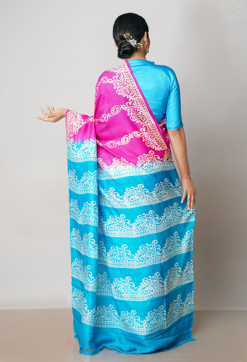Pink-Blue Pure Handloom Block Printed Mysore Silk Saree-UNM72823
