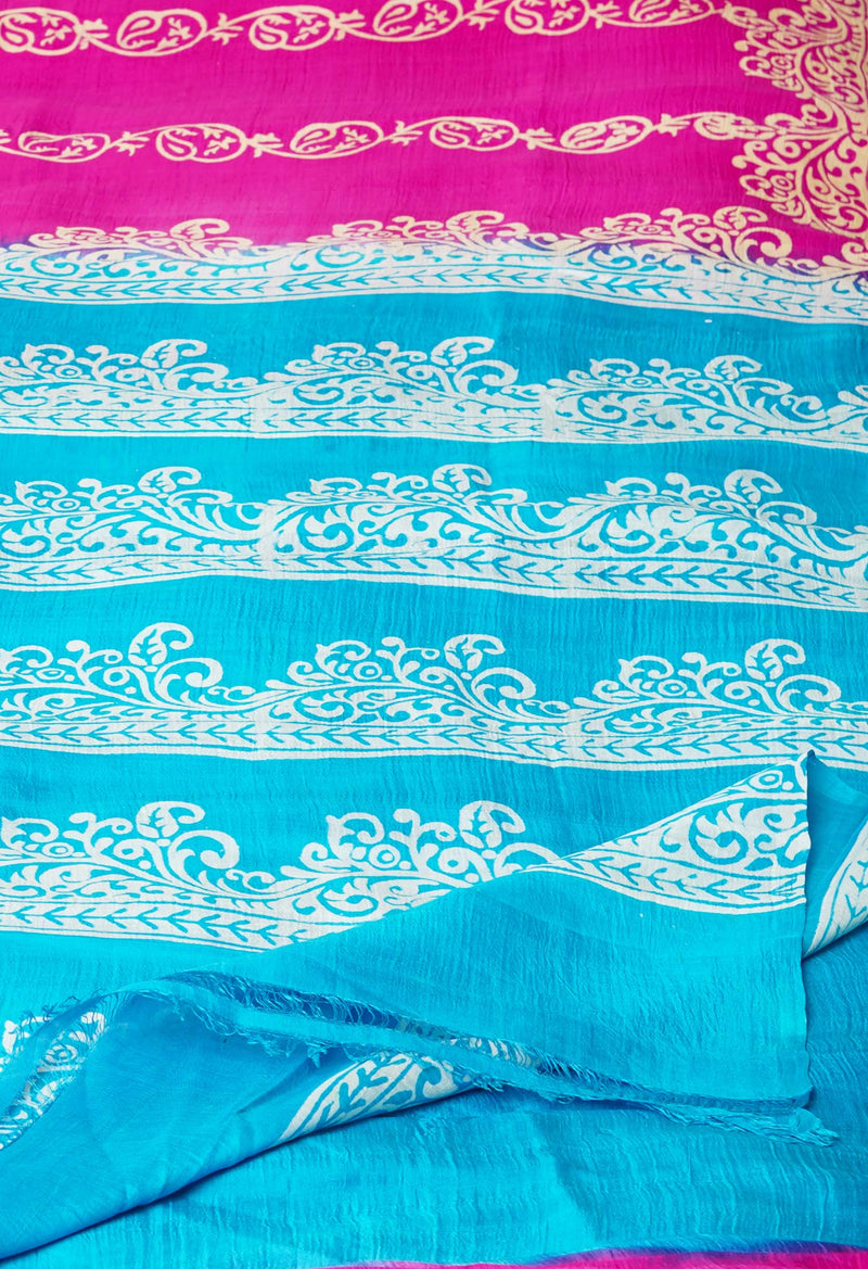 Pink-Blue Pure Handloom Block Printed Mysore Silk Saree-UNM72823