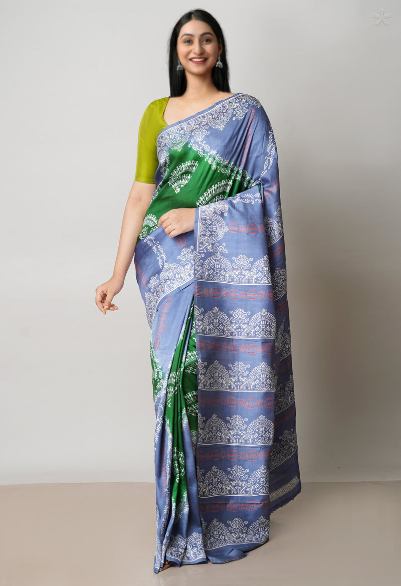 Green-Grey Pure Handloom Block Printed Mysore Silk Saree-UNM72824