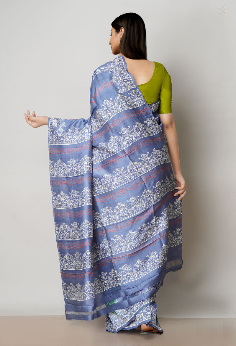 Green-Grey Pure Handloom Block Printed Mysore Silk Saree-UNM72824
