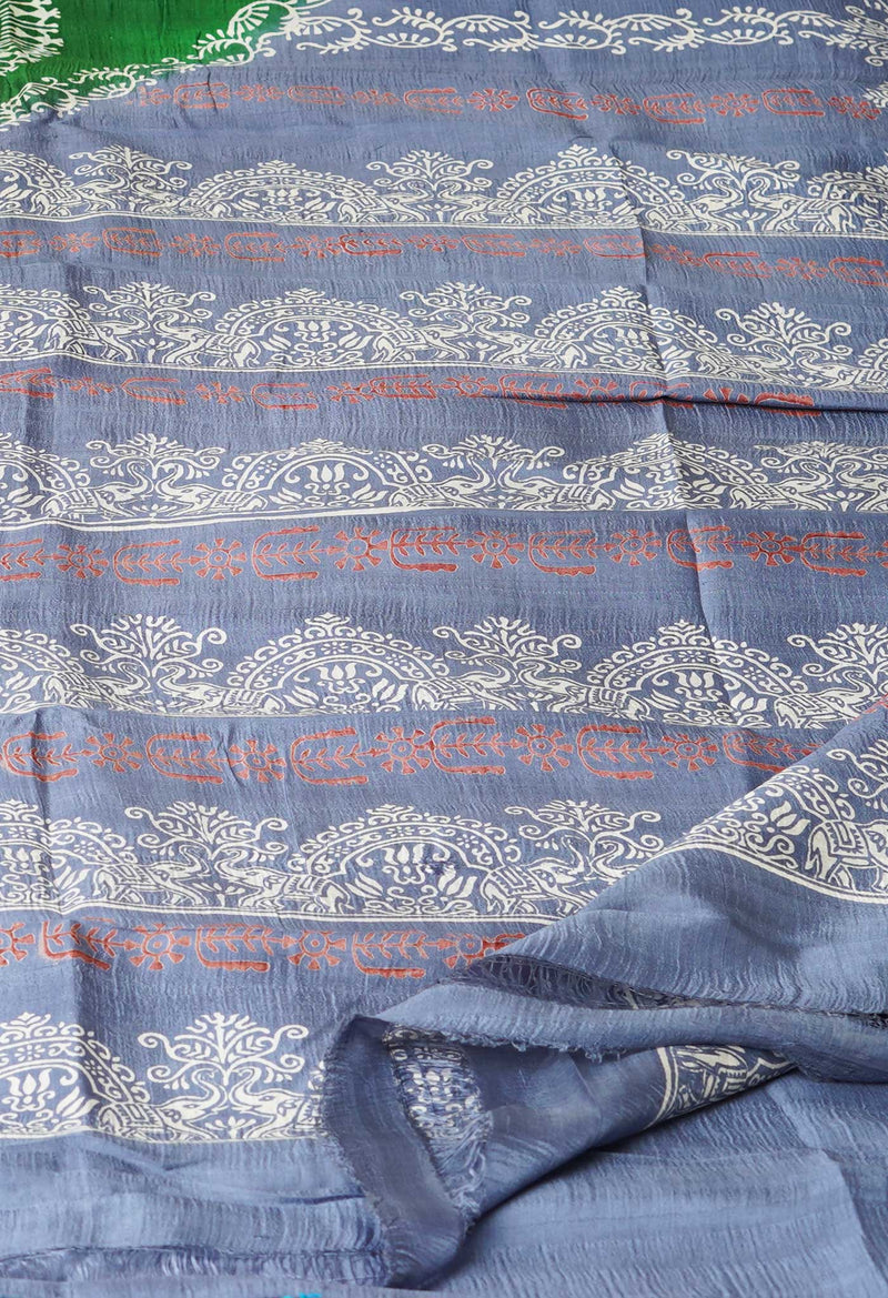 Green-Grey Pure Handloom Block Printed Mysore Silk Saree-UNM72824