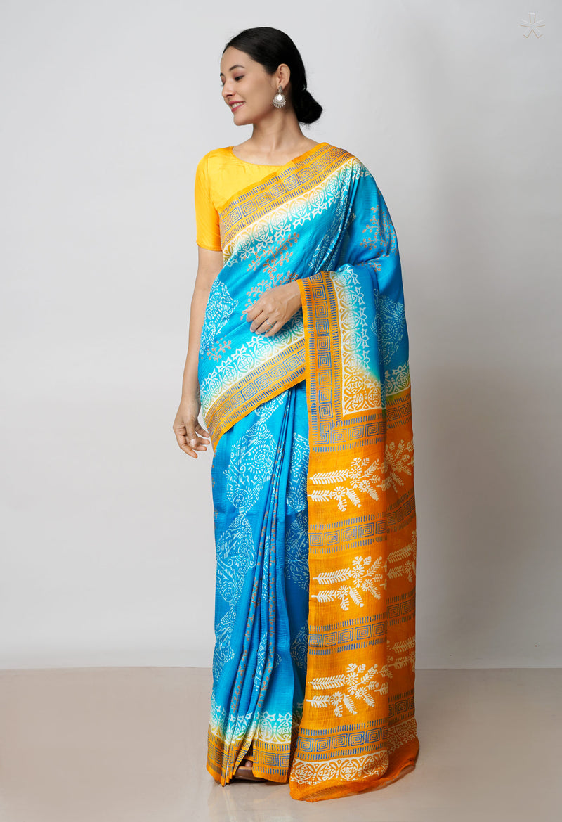 Blue-Mustard Yellow Pure Handloom Block Printed Mysore Silk Saree-UNM72825