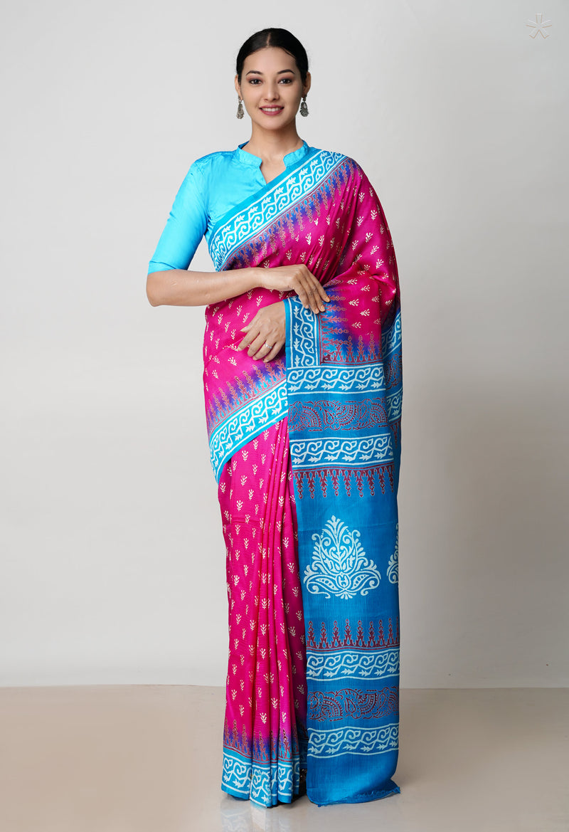 Pink-Blue Pure Handloom Block Printed Mysore Silk Saree-UNM72826