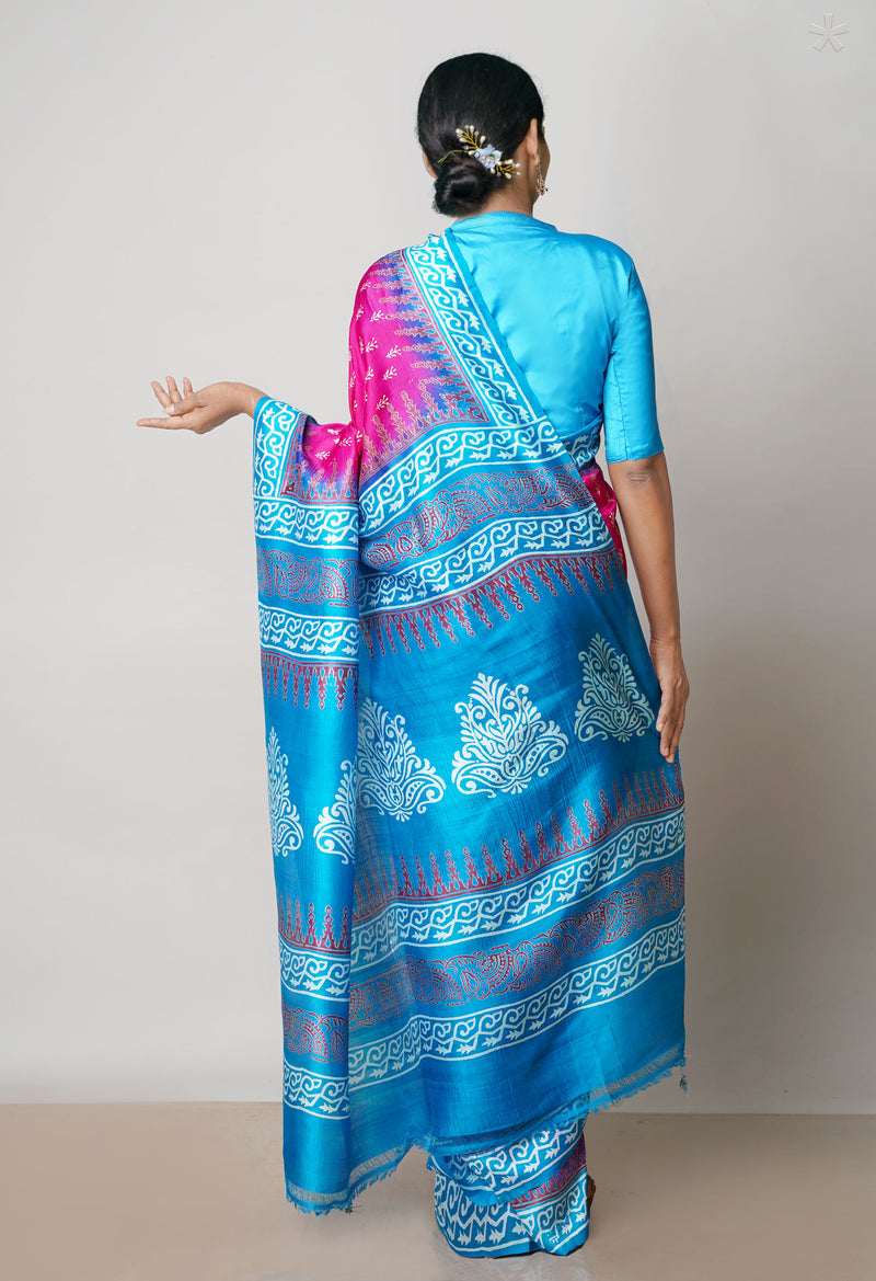 Pink-Blue Pure Handloom Block Printed Mysore Silk Saree-UNM72826