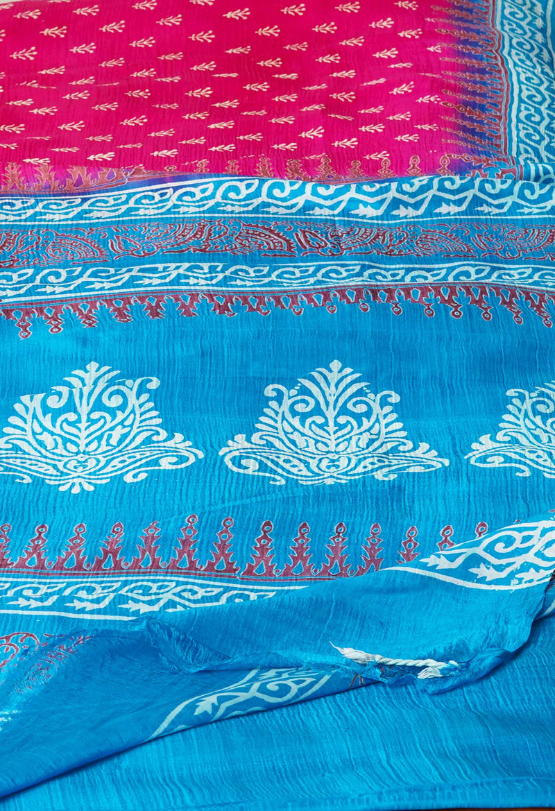 Pink-Blue Pure Handloom Block Printed Mysore Silk Saree-UNM72826