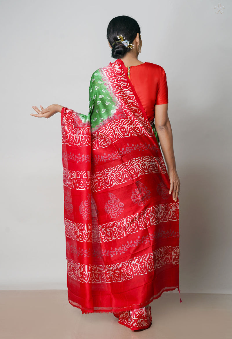 Green-Red Pure Handloom Block Printed Mysore Silk Saree-UNM72827
