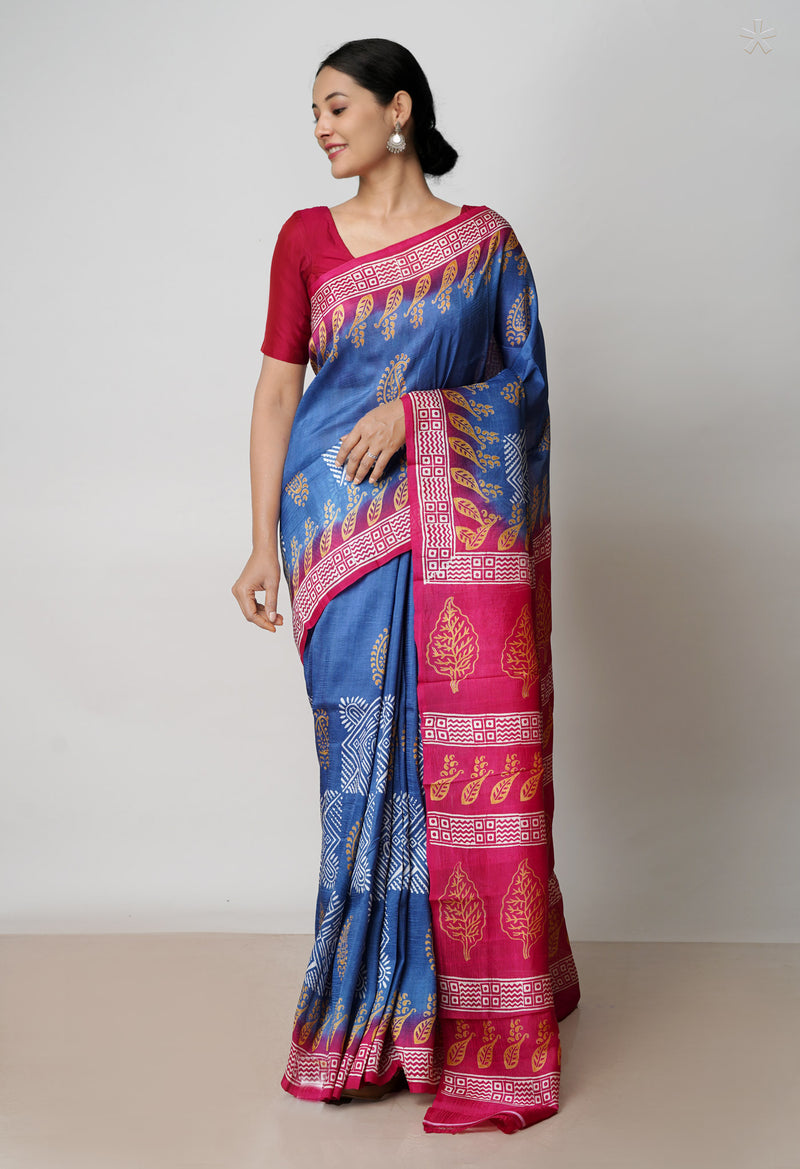 Bluish Grey-Maroon Pure Handloom Block Printed Mysore Silk Saree-UNM72828