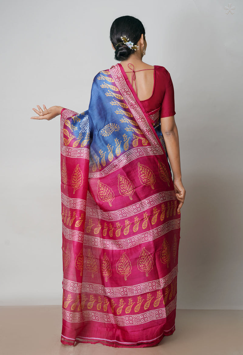 Bluish Grey-Maroon Pure Handloom Block Printed Mysore Silk Saree-UNM72828