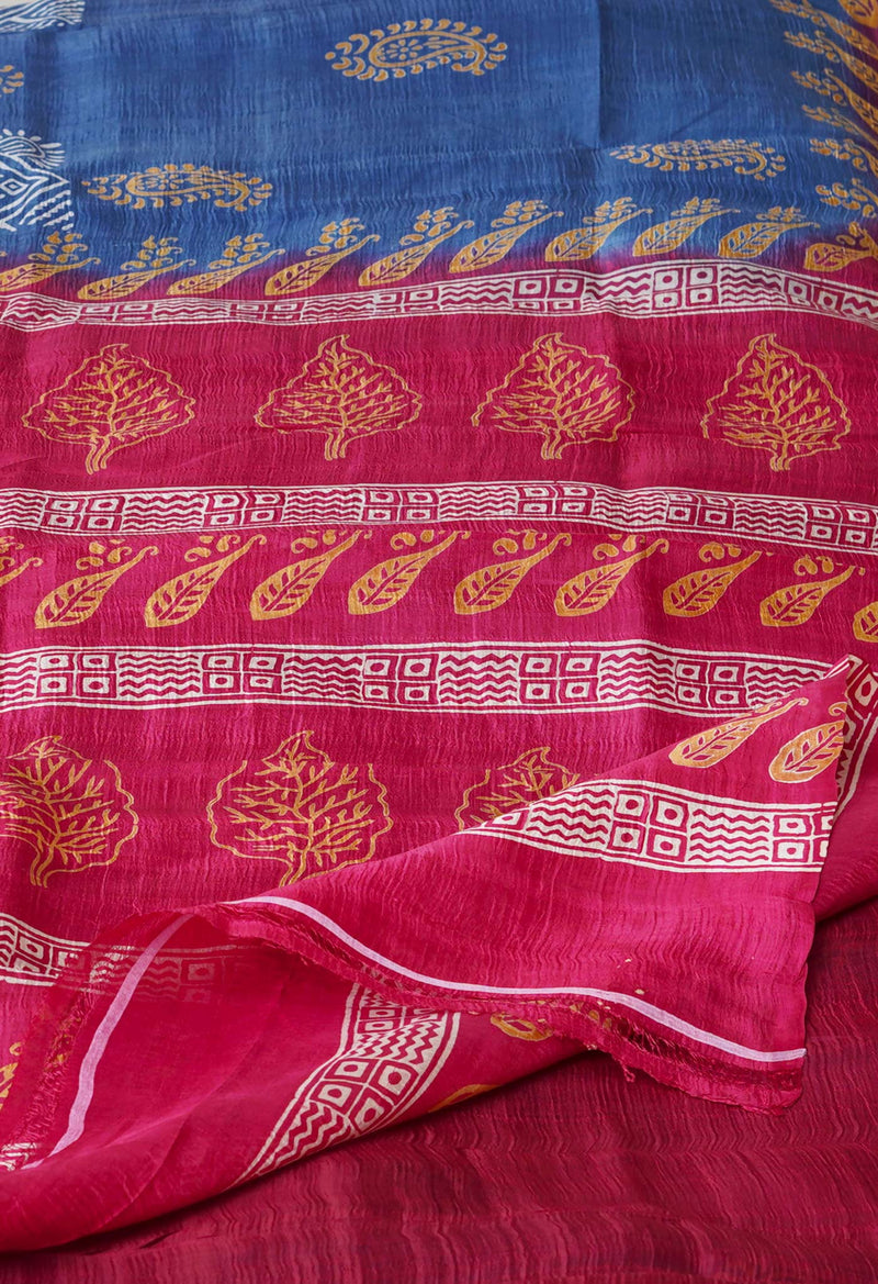 Bluish Grey-Maroon Pure Handloom Block Printed Mysore Silk Saree-UNM72828