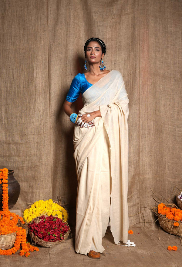 Beige Pure Plain Cotton Linen Saree With Tassels-UNM72829