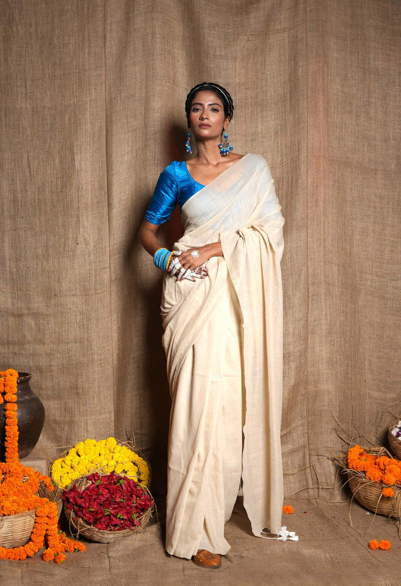 Beige Pure Plain Cotton Linen Saree With Tassels-UNM72829