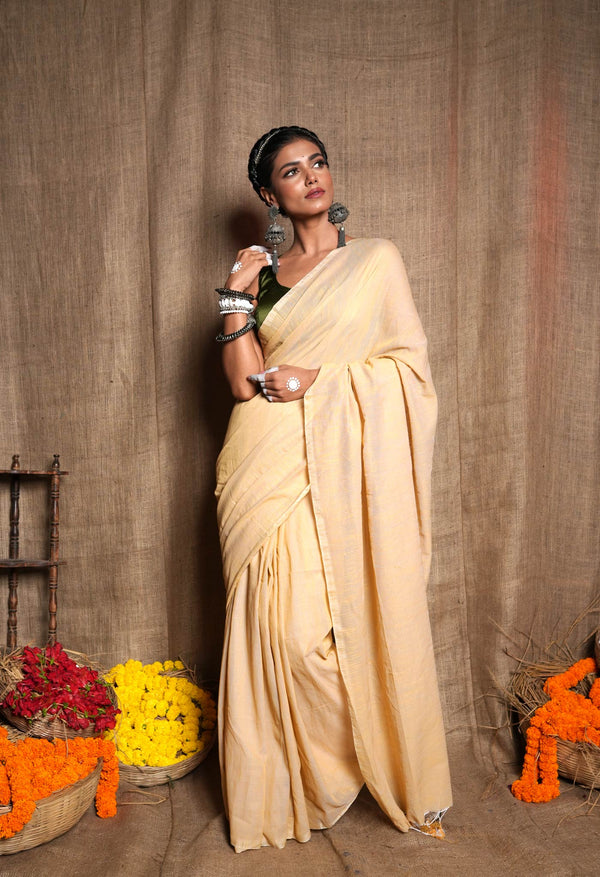 Soft Wheat Cream Pure Plain Cotton Linen Saree With Tassels-UNM72831