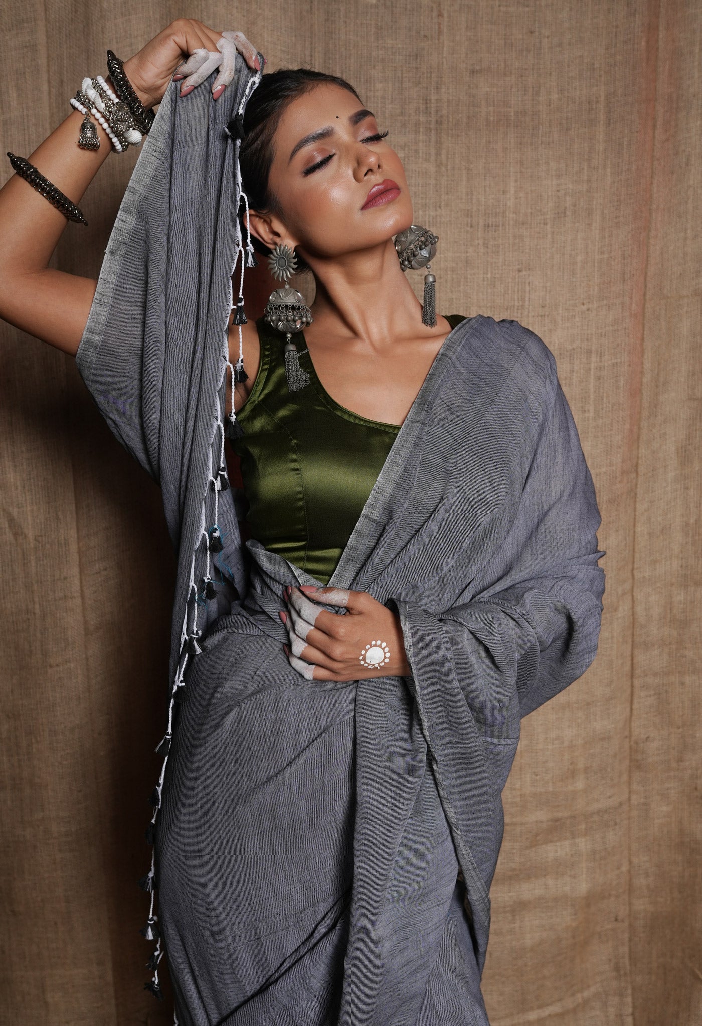 Pewter Grey Pure Plain Cotton Linen Saree With Tassels