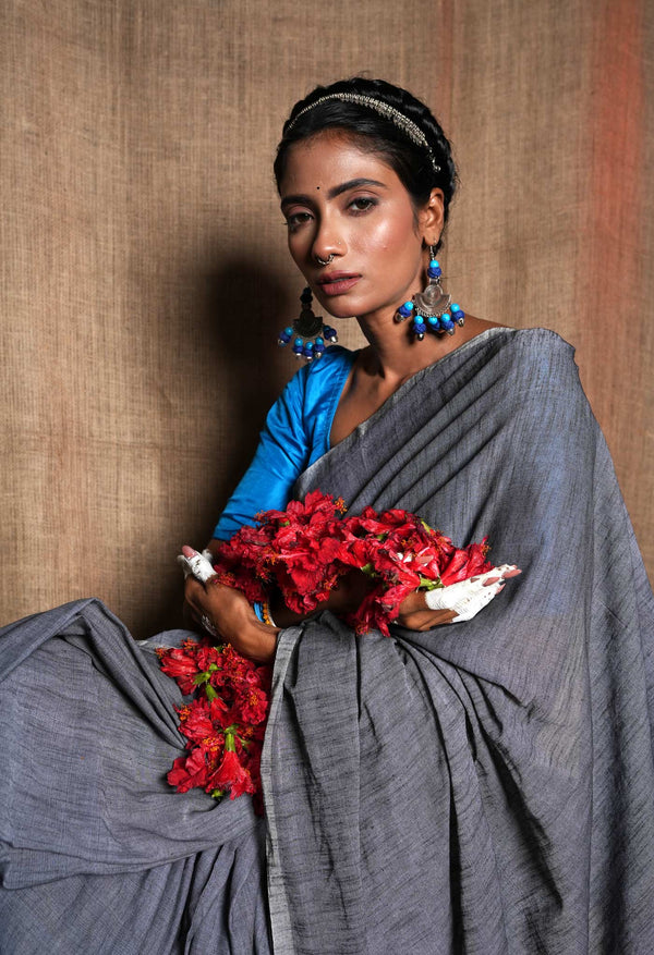 Grey Pure Plain Cotton Linen Saree With Tassels-UNM72834