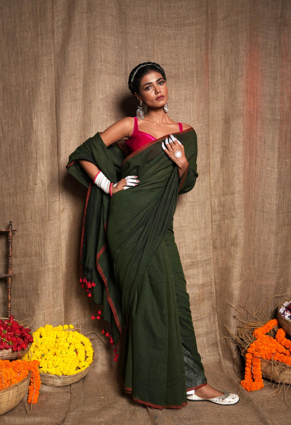 Olive Green Pure Plain Cotton Linen Saree With Tassels-UNM72835