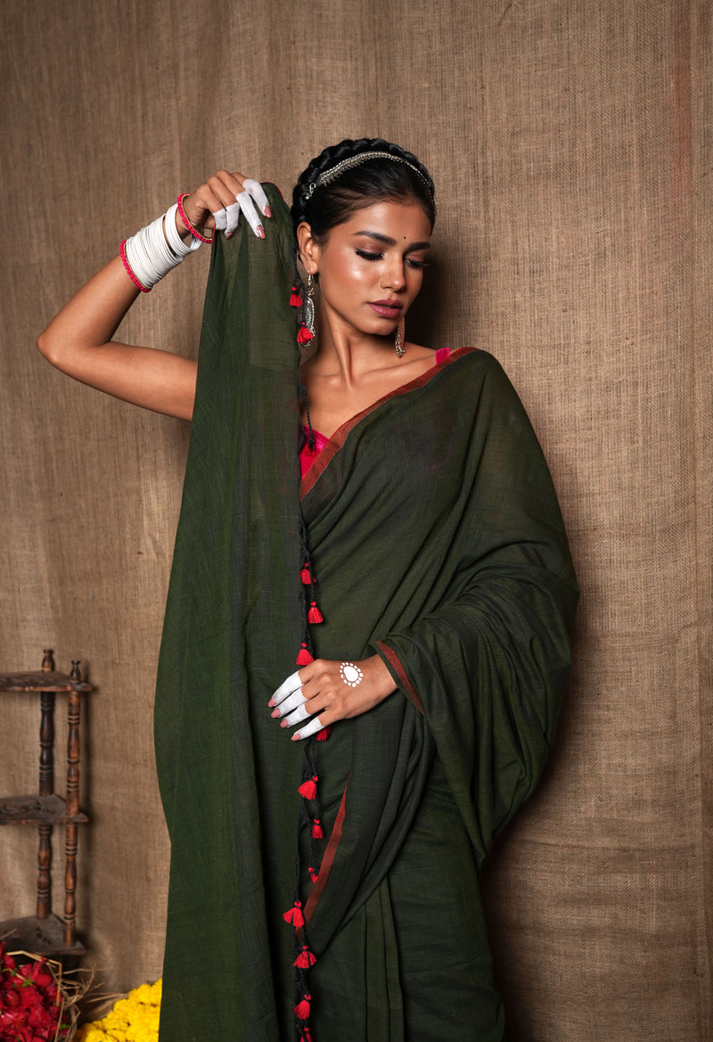 Olive Green Pure Plain Cotton Linen Saree With Tassels-UNM72835