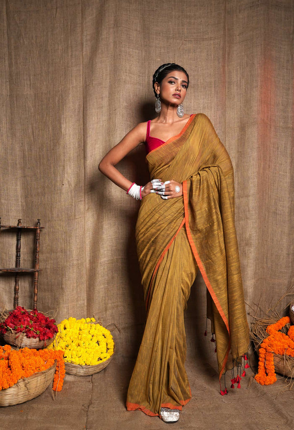 Ocher Brown Pure Plain Cotton Linen Saree With Tassels-UNM72836