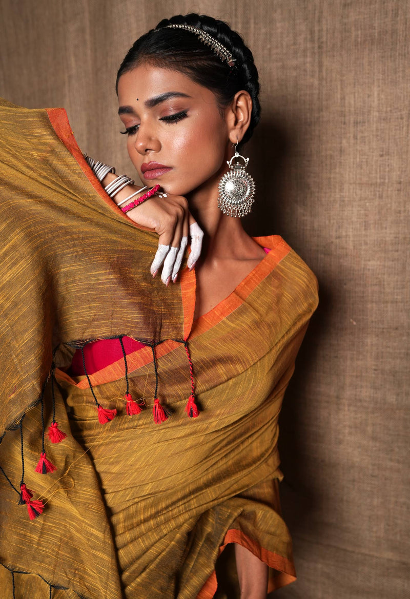 Ocher Brown Pure Plain Cotton Linen Saree With Tassels-UNM72836