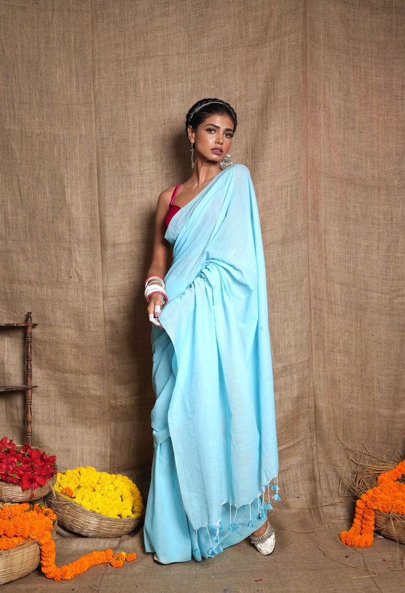 Sky Blue Pure Plain Cotton Linen Saree With Tassels-UNM72837