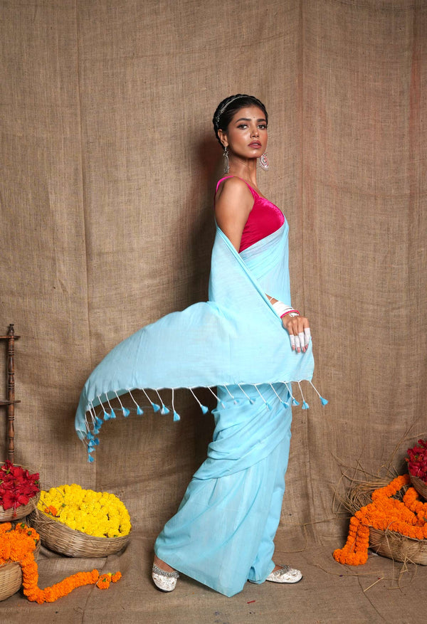 Sky Blue Pure Plain Cotton Linen Saree With Tassels-UNM72837