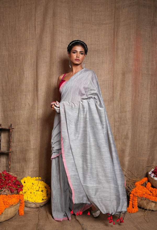 Pale Grey Pure Plain Cotton Linen Saree With Tassels-UNM72838