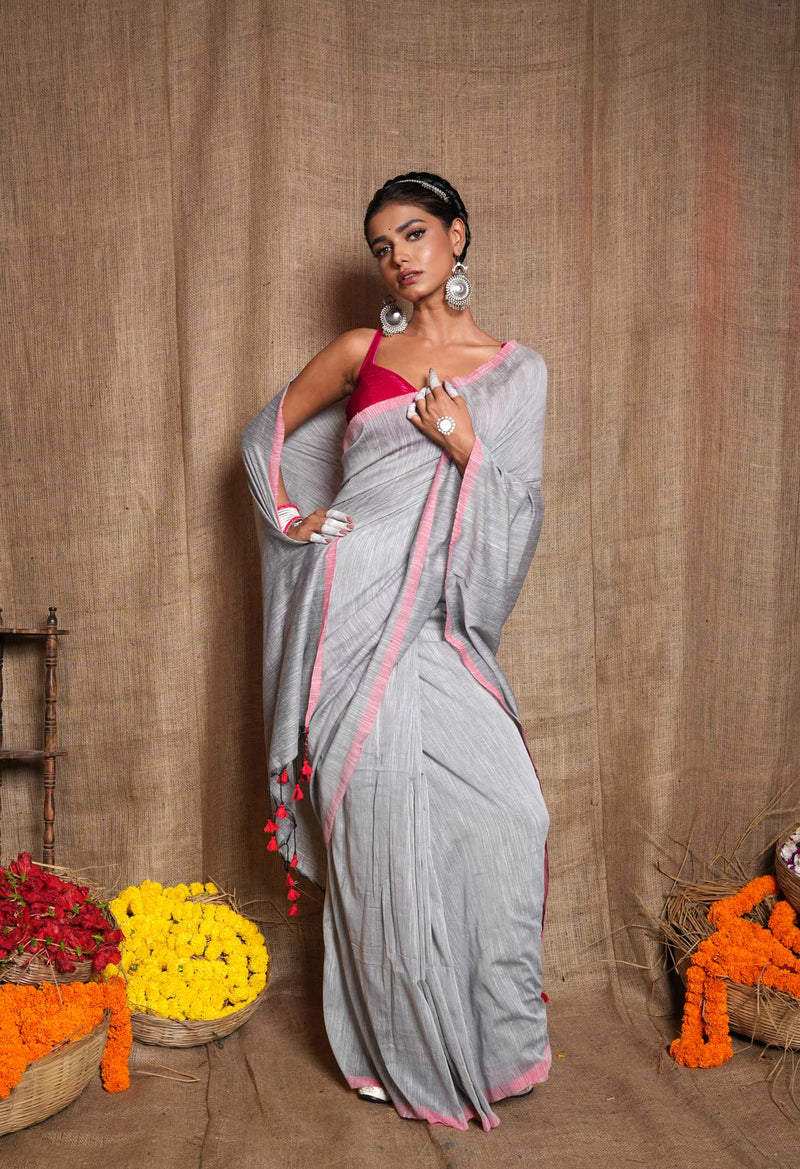 Pale Grey Pure Plain Cotton Linen Saree With Tassels-UNM72838