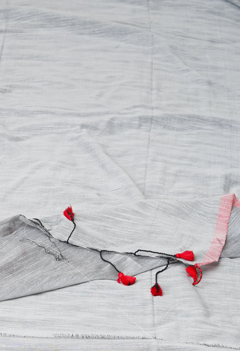 Pale Grey Pure Plain Cotton Linen Saree With Tassels-UNM72838