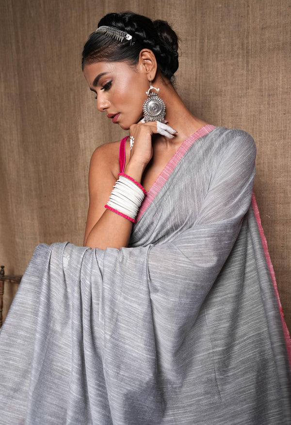 Pale Grey Pure Plain Cotton Linen Saree With Tassels-UNM72838